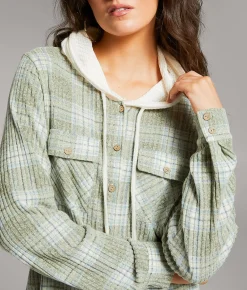 Tops | BKE Eased Plaid Hooded Shirt Olive Cream