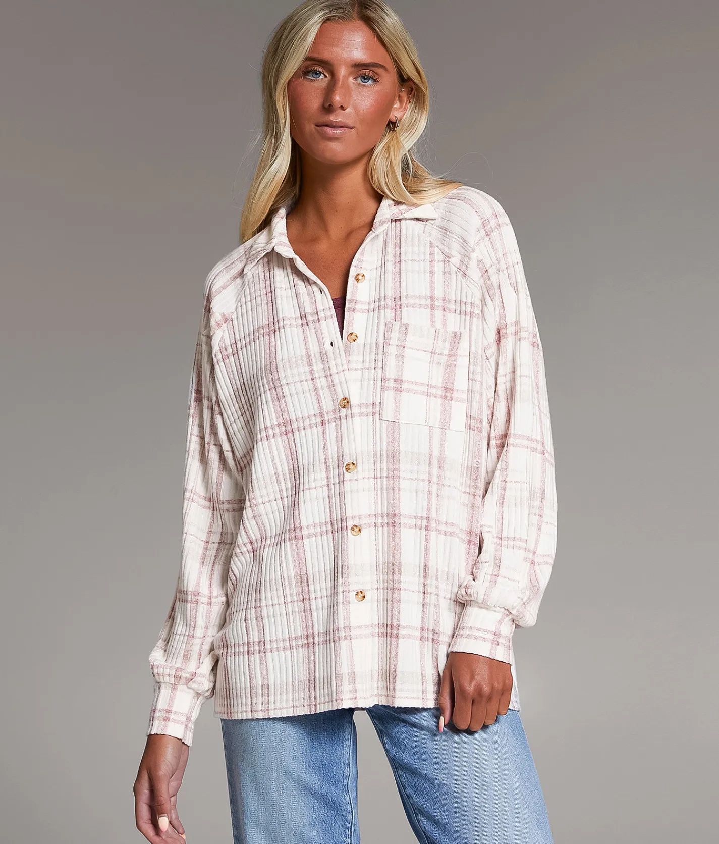 Tops | BKE Eased Plaid Shirt Cream Mauve
