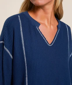 White Crow Elliot Waffle Knit Top Midnight Blue