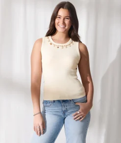 Tops | 33 Coastal Embellished High Neck Tank Top Cream