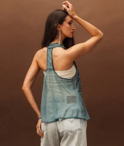 Sterling & Stitch Embellished Mesh Tank Top Turquoise Clearance