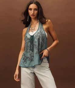Sterling & Stitch Embellished Mesh Tank Top Turquoise Clearance