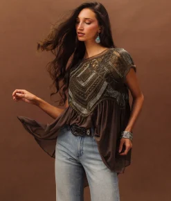 Sterling & Stitch Embellished Mesh Tank Top Brown New