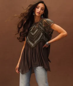 Sterling & Stitch Embellished Mesh Tank Top Brown New