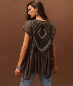 Sterling & Stitch Embellished Mesh Tank Top Brown New