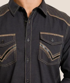 Tops | Buckle Black Embroidered Athletic Stretch Shirt Black Brown