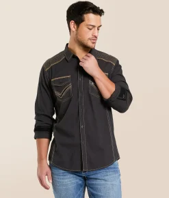 Tops | Buckle Black Embroidered Athletic Stretch Shirt Black Brown