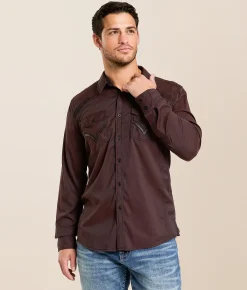 Tops | Buckle Black Embroidered Athletic Stretch Shirt Brown Black