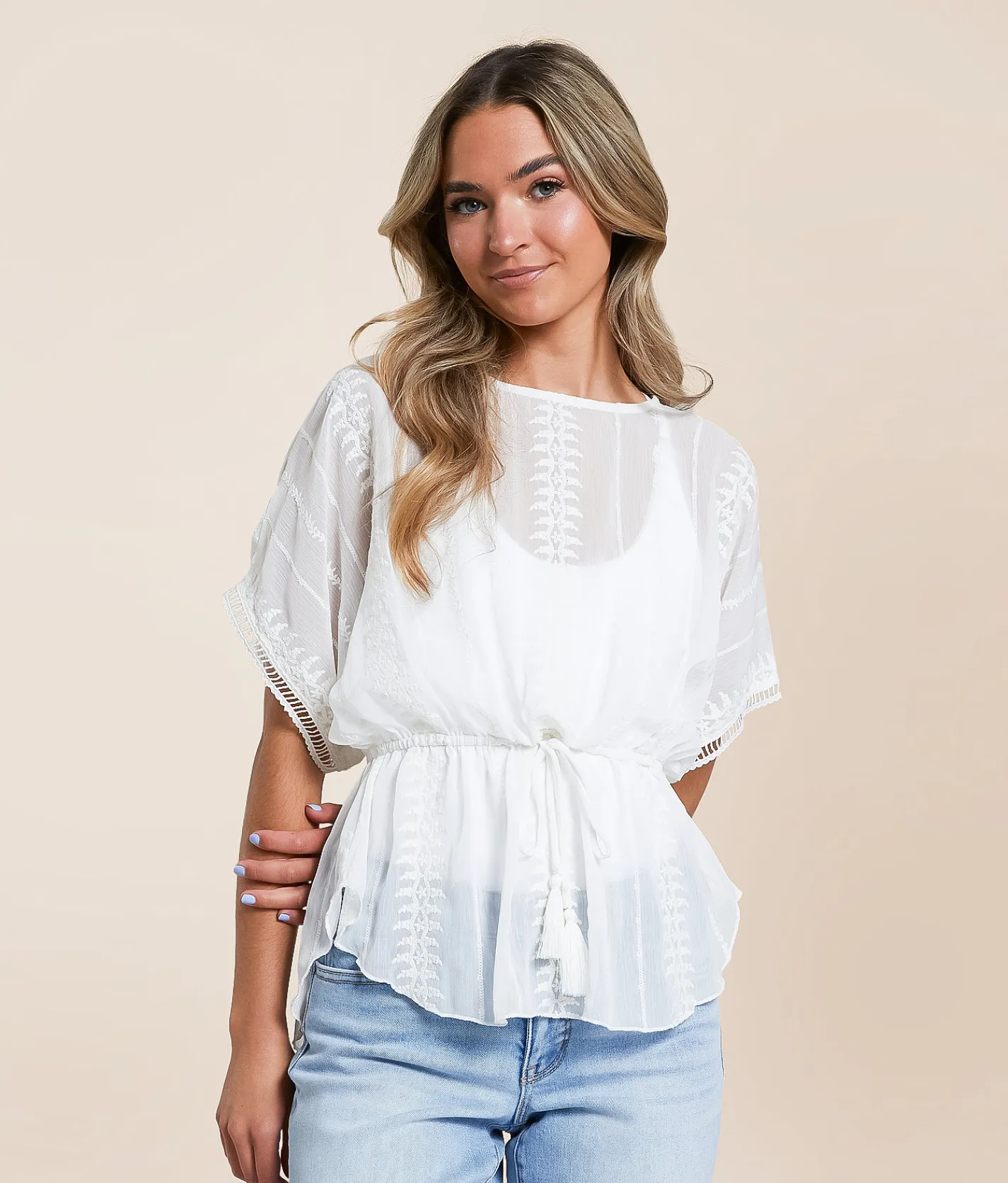 Daytrip Embroidered Chiffon Peplum Top White Outlet