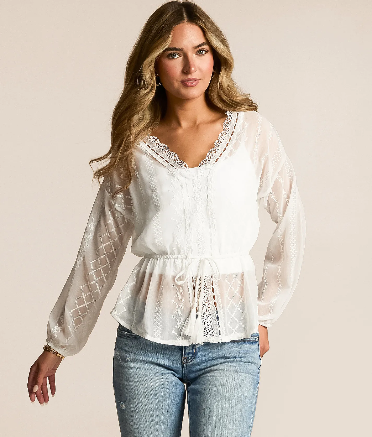 Daytrip Embroidered Chiffon Peplum Top White