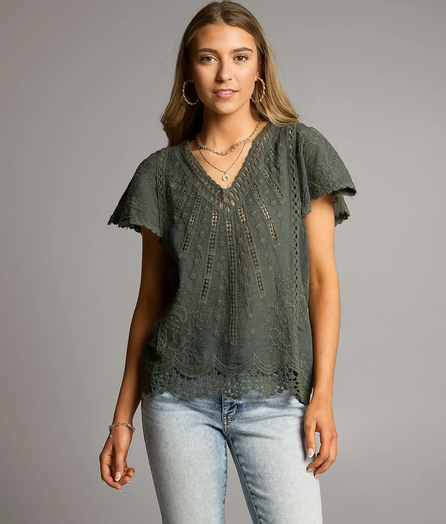 Tops | BKE Embroidered Crochet Top Thyme