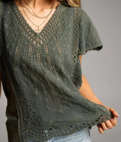 Tops | BKE Embroidered Crochet Top Thyme