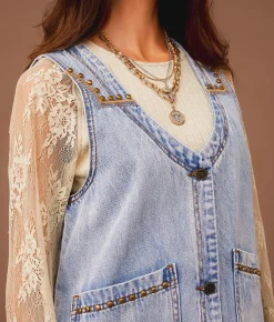 Tops|Coats & Jackets | Sterling & Stitch Embroidered Denim Vest Light Wash