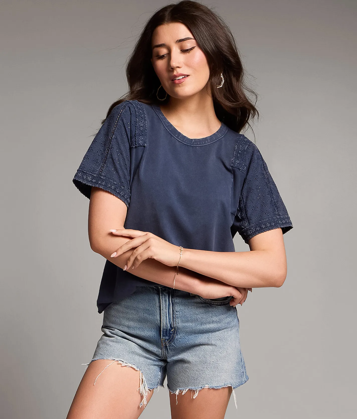 Tops | BKE Embroidered Eyelet Top Navy