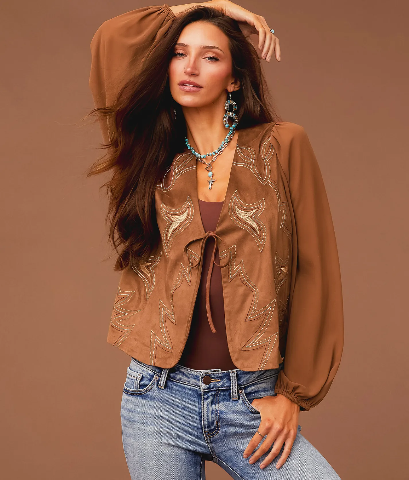 Tops | Sterling & Stitch Embroidered Faux Suede Top Friar Brown