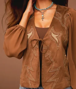 Tops | Sterling & Stitch Embroidered Faux Suede Top Friar Brown