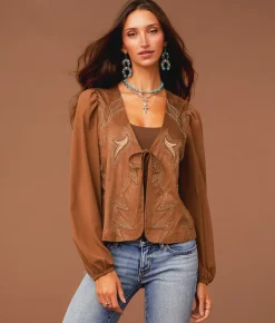 Tops | Sterling & Stitch Embroidered Faux Suede Top Friar Brown