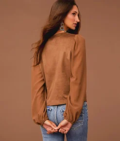 Tops | Sterling & Stitch Embroidered Faux Suede Top Friar Brown