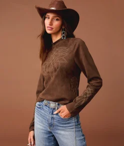 Sterling & Stitch Embroidered Faux Suede Top Chestnut Clearance