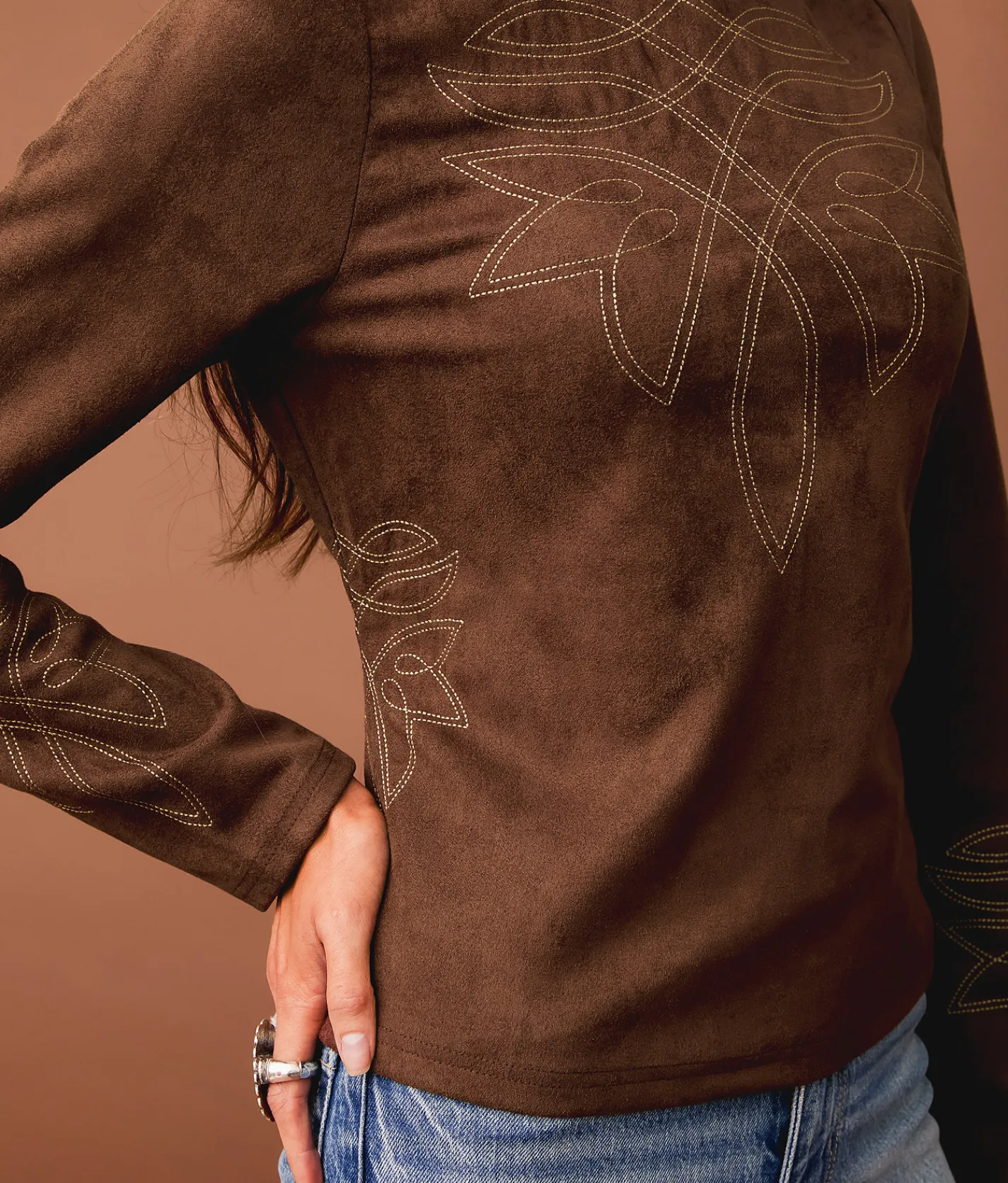 Sterling & Stitch Embroidered Faux Suede Top Chestnut Clearance