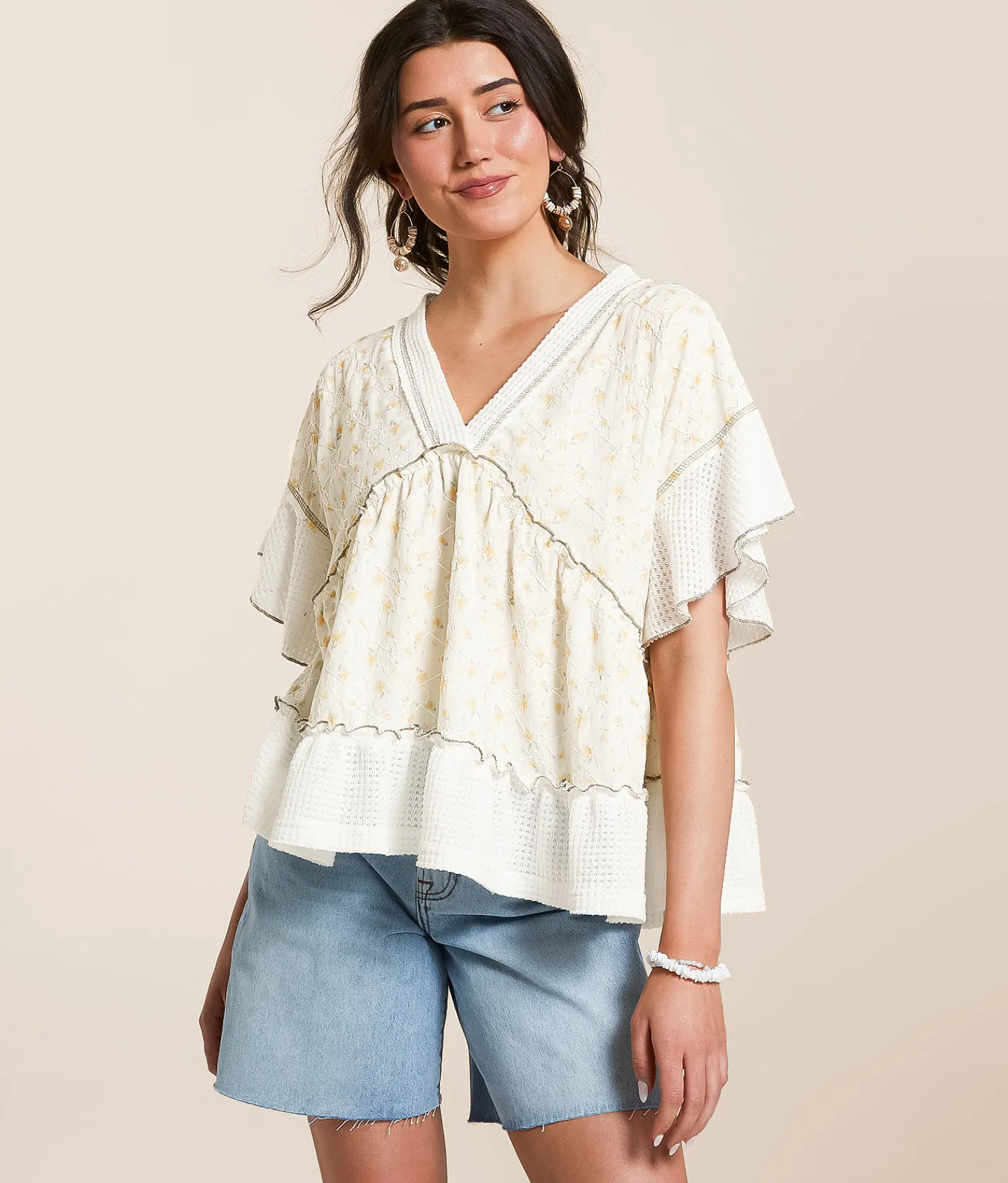 POL Embroidered Floral Babydoll Top Almond Discount