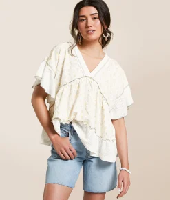 POL Embroidered Floral Babydoll Top Almond Discount
