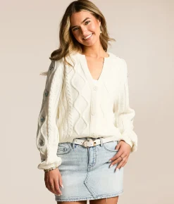 Willow & Root Embroidered Floral Cardigan Sweater Cream Clearance