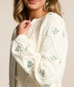 Willow & Root Embroidered Floral Cardigan Sweater Cream Clearance