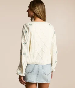 Willow & Root Embroidered Floral Cardigan Sweater Cream Clearance