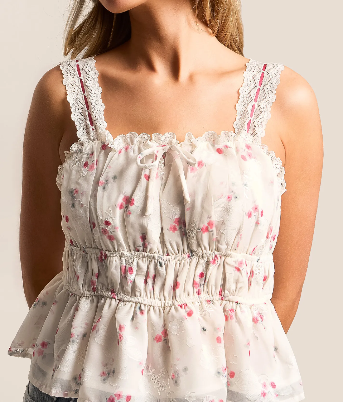 Lush Embroidered Floral Chiffon Cropped Tank Top Cream Pink Online