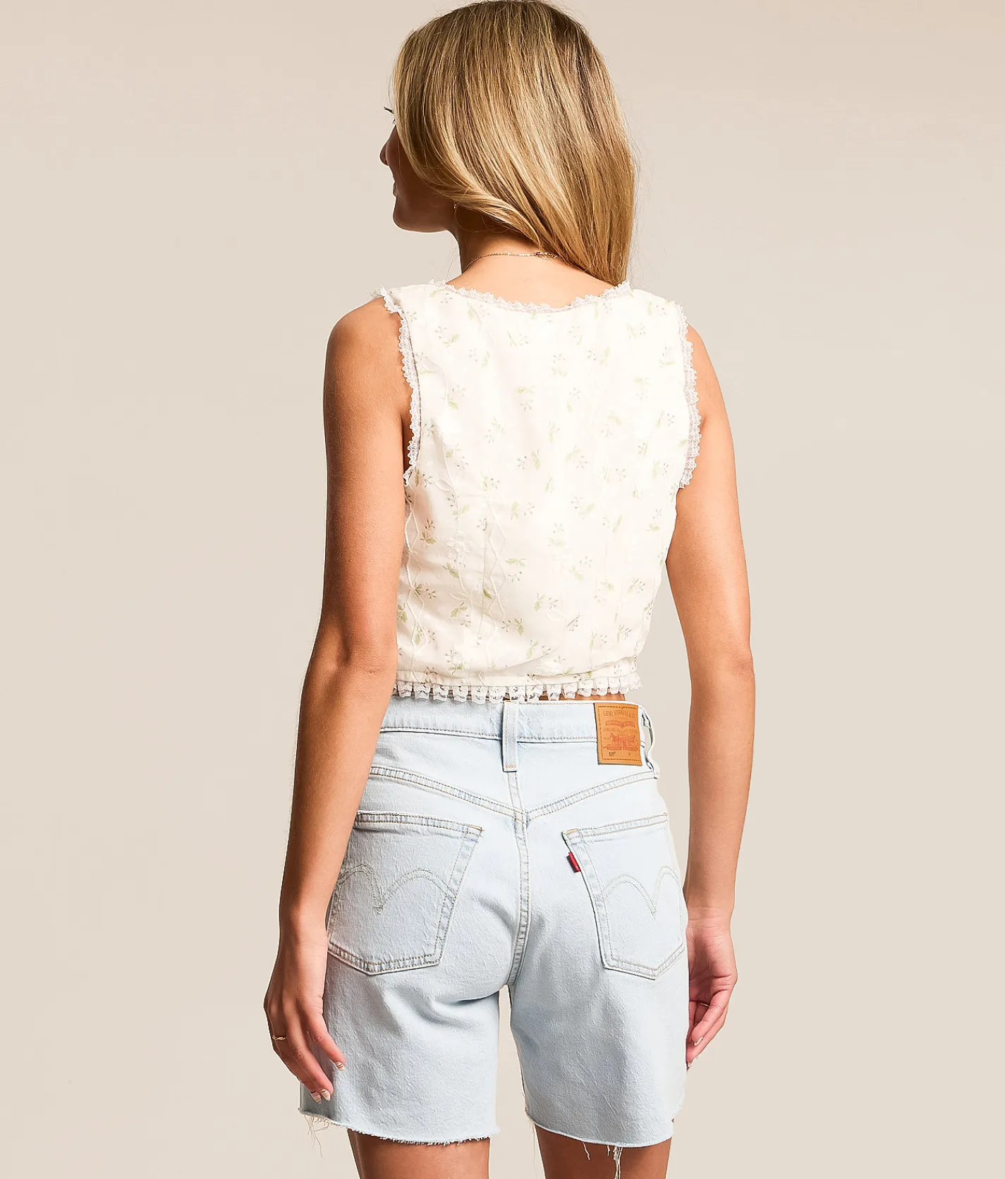 Lush Embroidered Floral Chiffon Cropped Tank Top Cream Pink Best