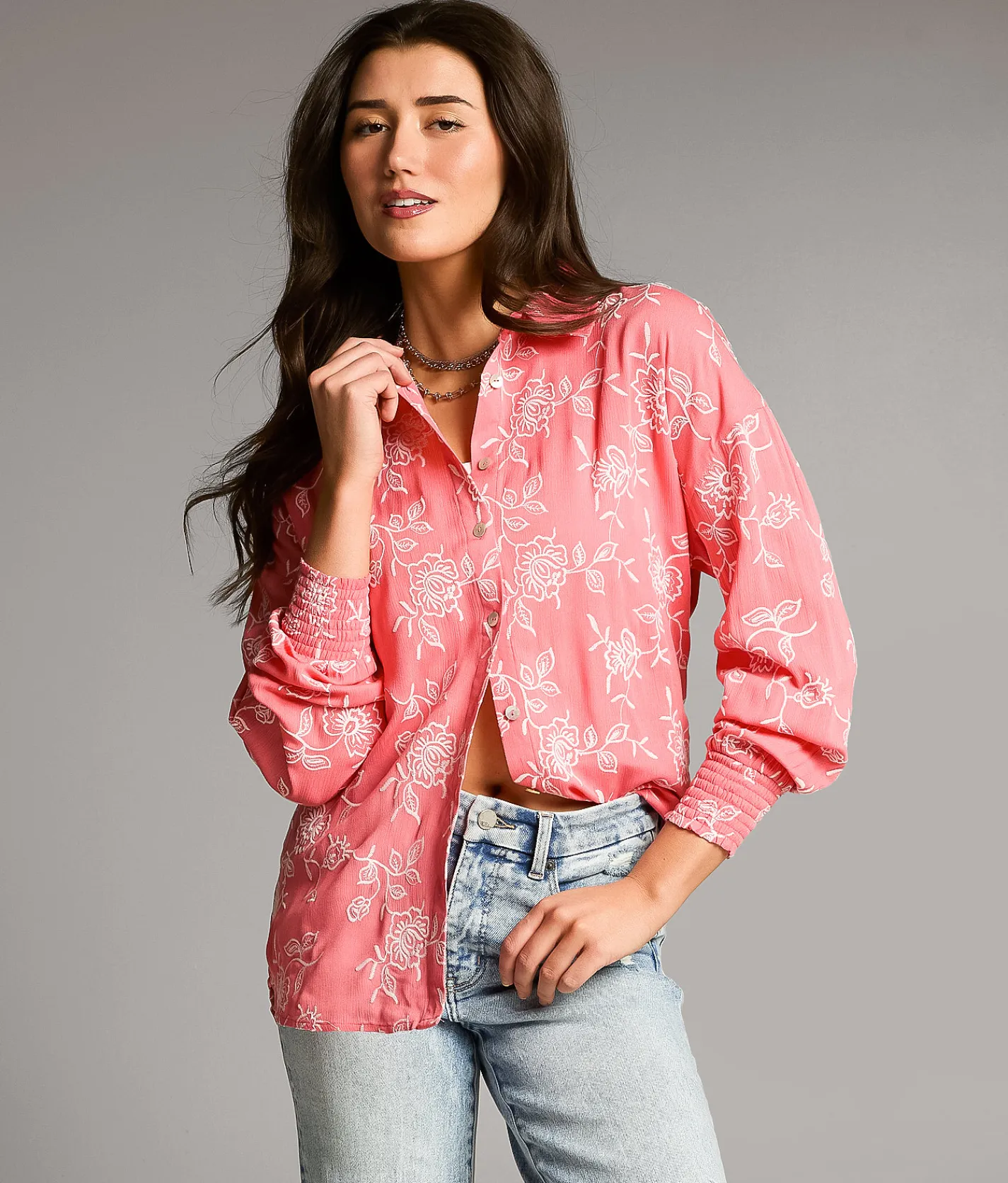 Tops | BKE Embroidered Floral Oversized Blouse Coral Cream