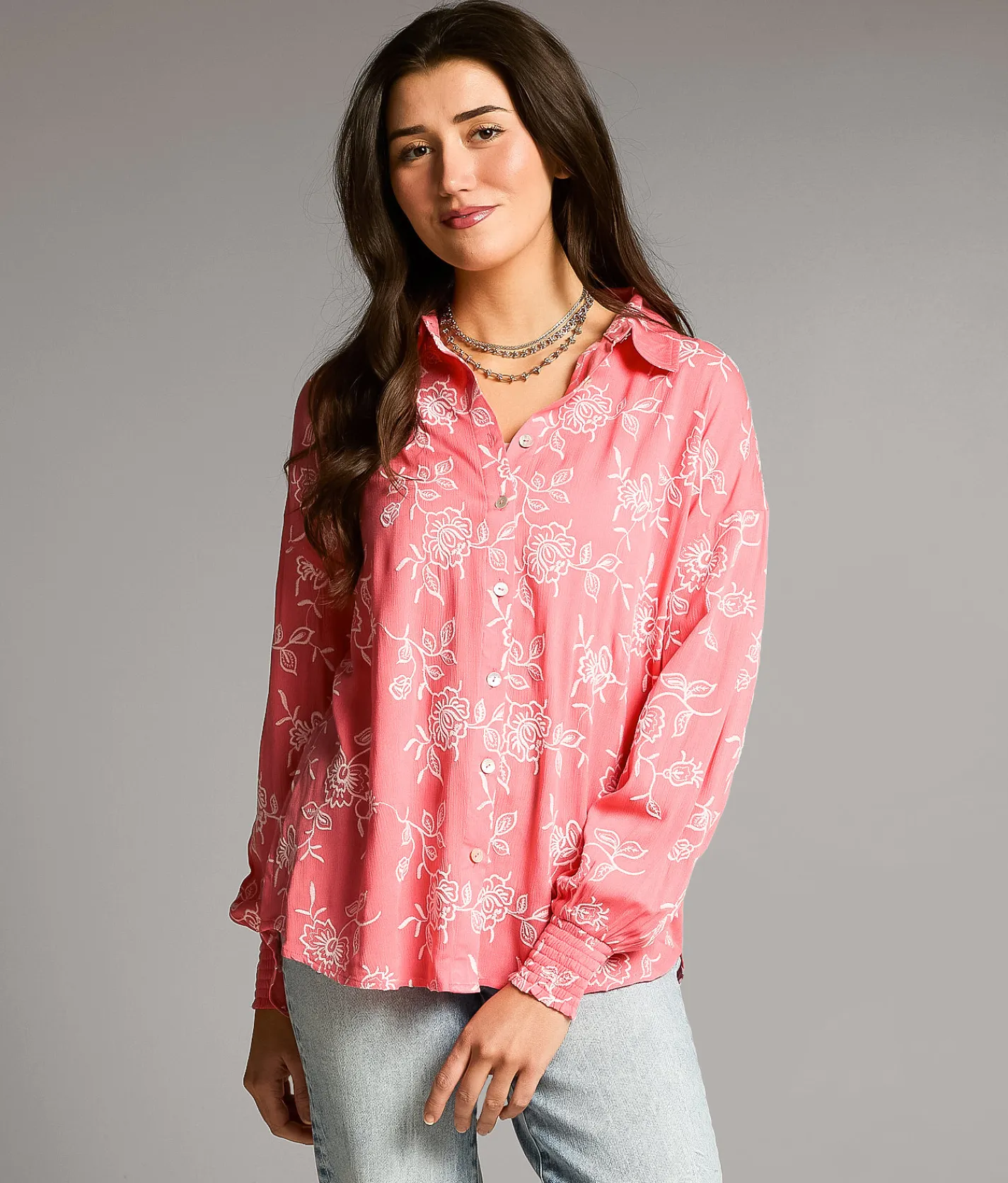 Tops | BKE Embroidered Floral Oversized Blouse Coral Cream