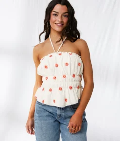 Tops | 33 Coastal Embroidered Floral Peplum Tube Top Ivory Red