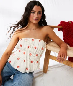 Tops | 33 Coastal Embroidered Floral Peplum Tube Top Ivory Red