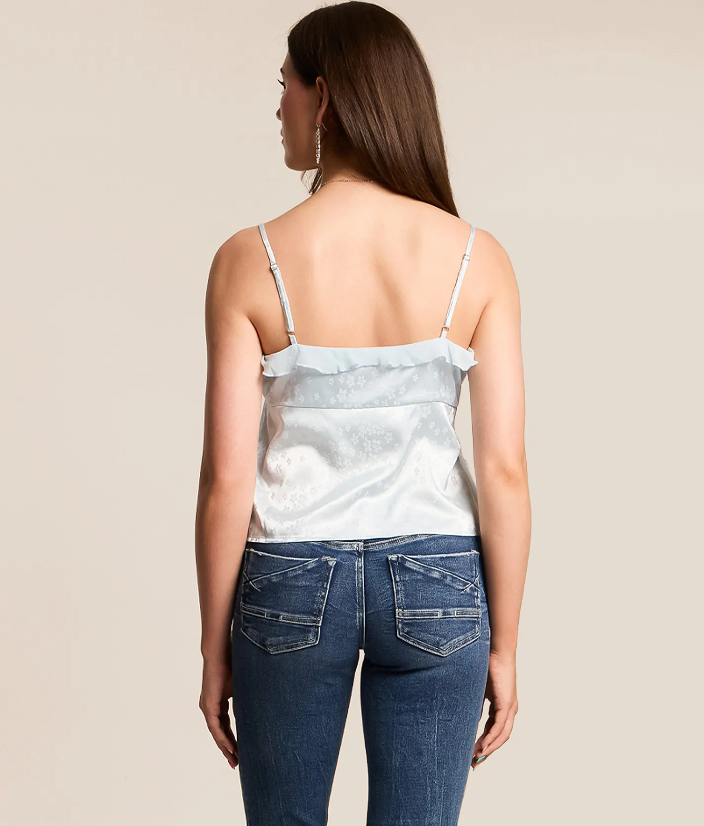 Tops | Lush Embroidered Floral Satin RuffleTank Top Blue