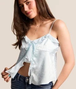 Tops | Lush Embroidered Floral Satin RuffleTank Top Blue