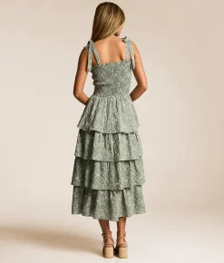 Dresses | Willow & Root Embroidered Floral Tiered Midi Dress Sage White