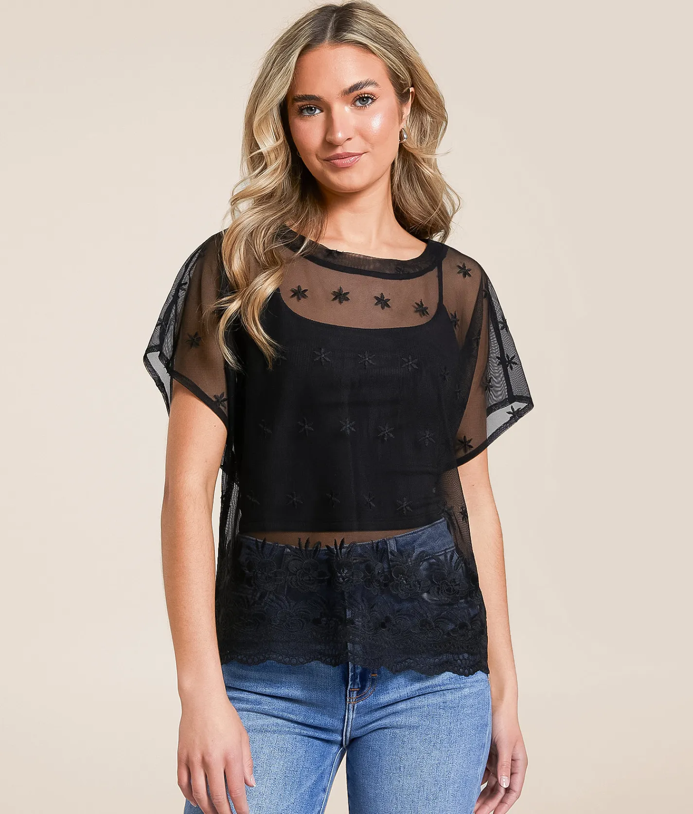 Acoa Embroidered Floral Top Black Discount