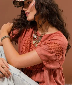 Gimmicks Embroidered Floral Top Light Mahogany Clearance