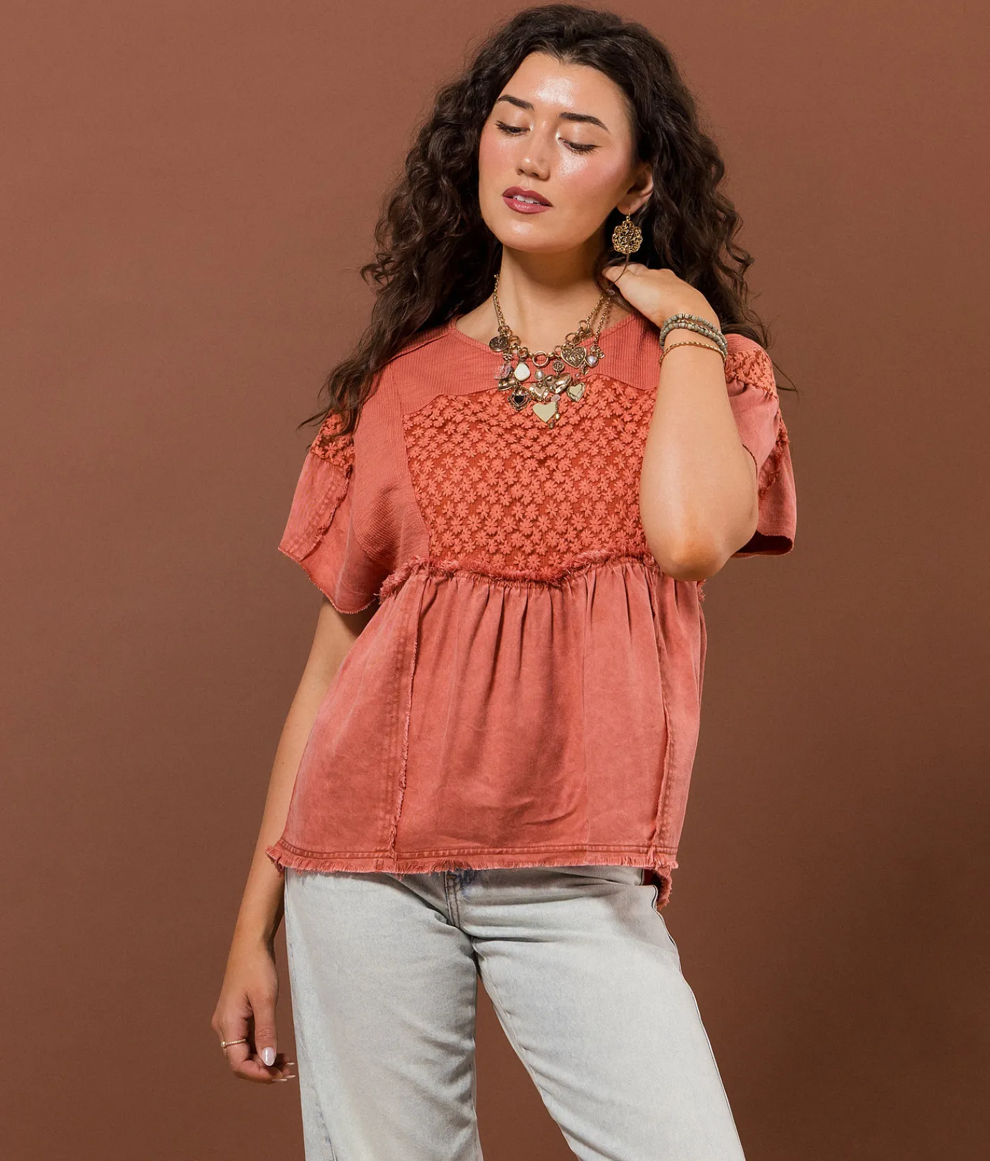 Gimmicks Embroidered Floral Top Light Mahogany Clearance