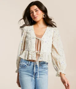 Willow & Root Embroidered Floral Top Cream Multi New