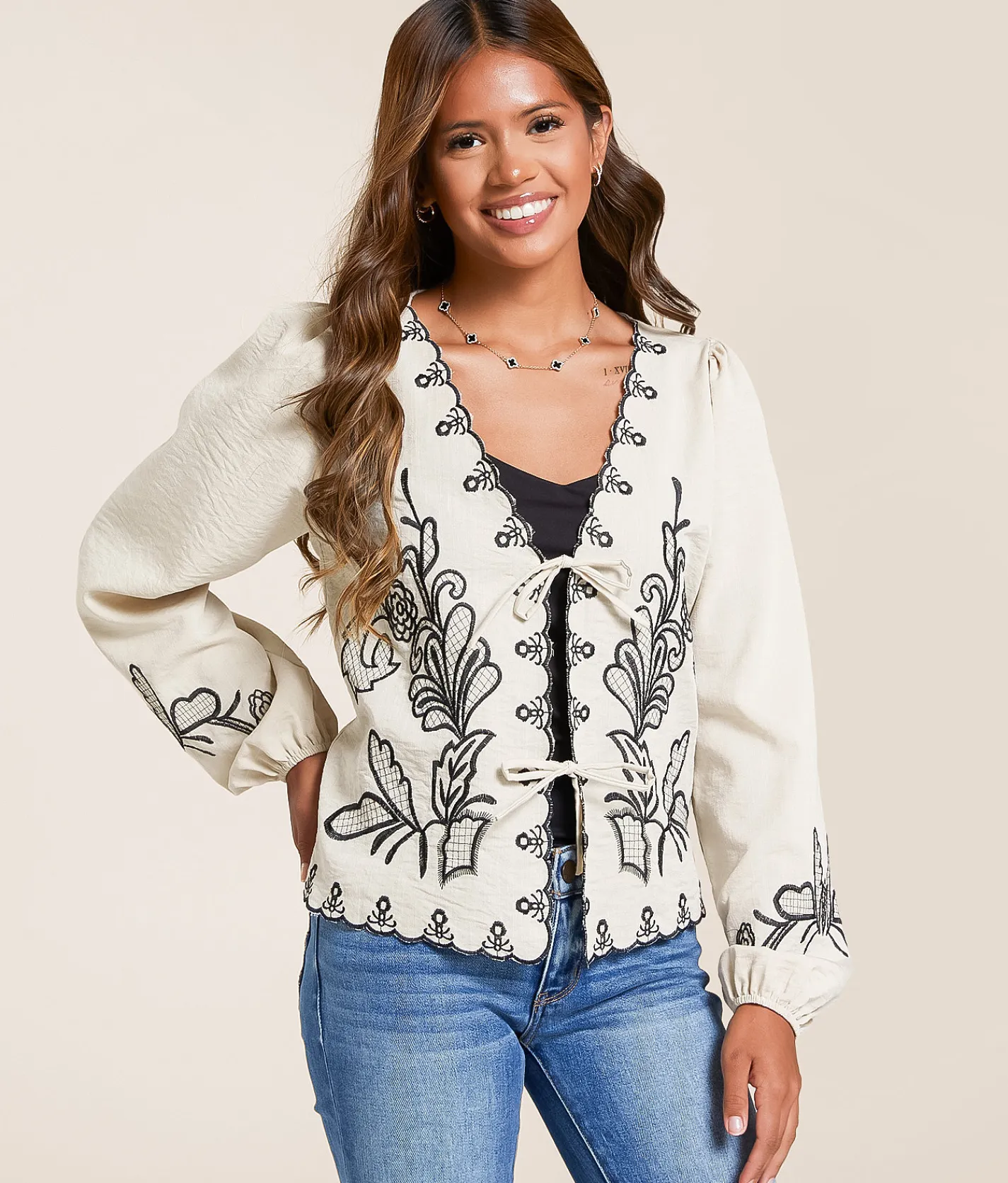 Willow & Root Embroidered Front Tie Top Cream Outlet