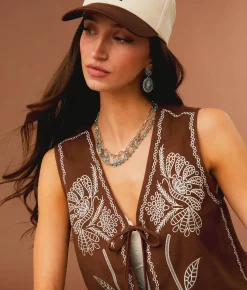 Sterling & Stitch Embroidered Front Tie Vest Friar Brown Best