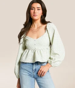 Willow & Root Embroidered Gingham Cropped Top Mint Hot