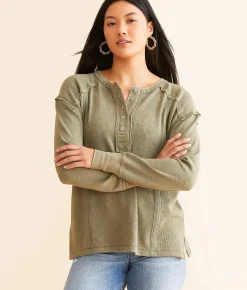 Tops | BKE Embroidered Henley Olive