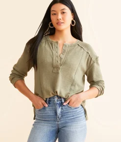 Tops | BKE Embroidered Henley Olive