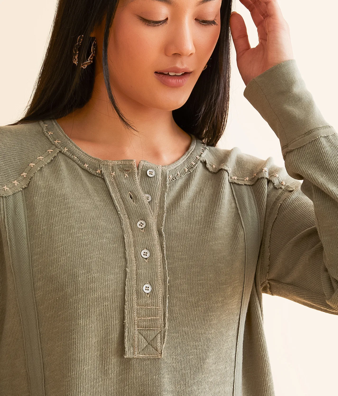Tops | BKE Embroidered Henley Olive