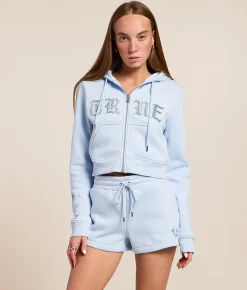 True Religion Embroidered Knit Cropped Hoodie Cashmere Blue Best