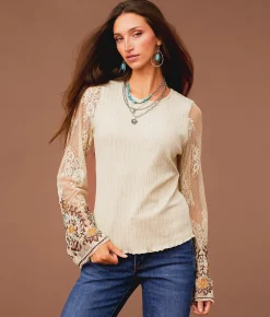 Tops | Sterling & Stitch Embroidered Lace Top Cobblestone